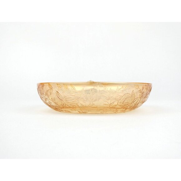 Jeanette Floragold Vintage Iridescent Amber Leaf Pattern Glass Bowl With Handle - Picture 4 of 15